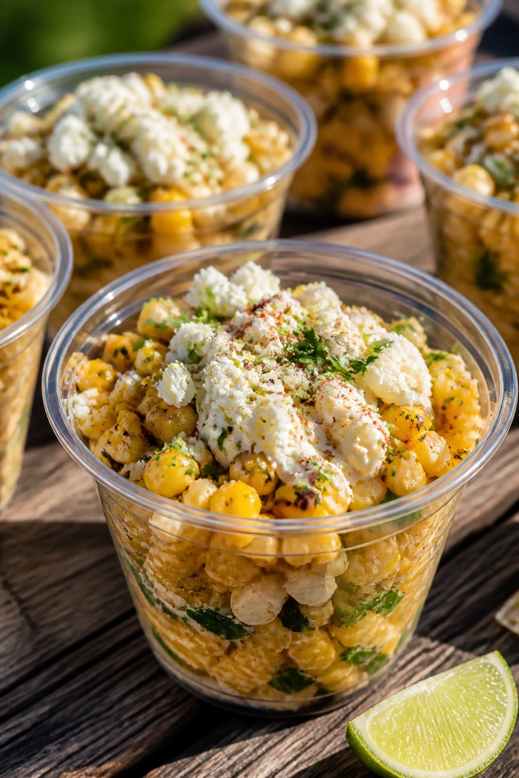Close-up of Mexican Street Corn Salad Cups on a wooden table with cotija and cilantro