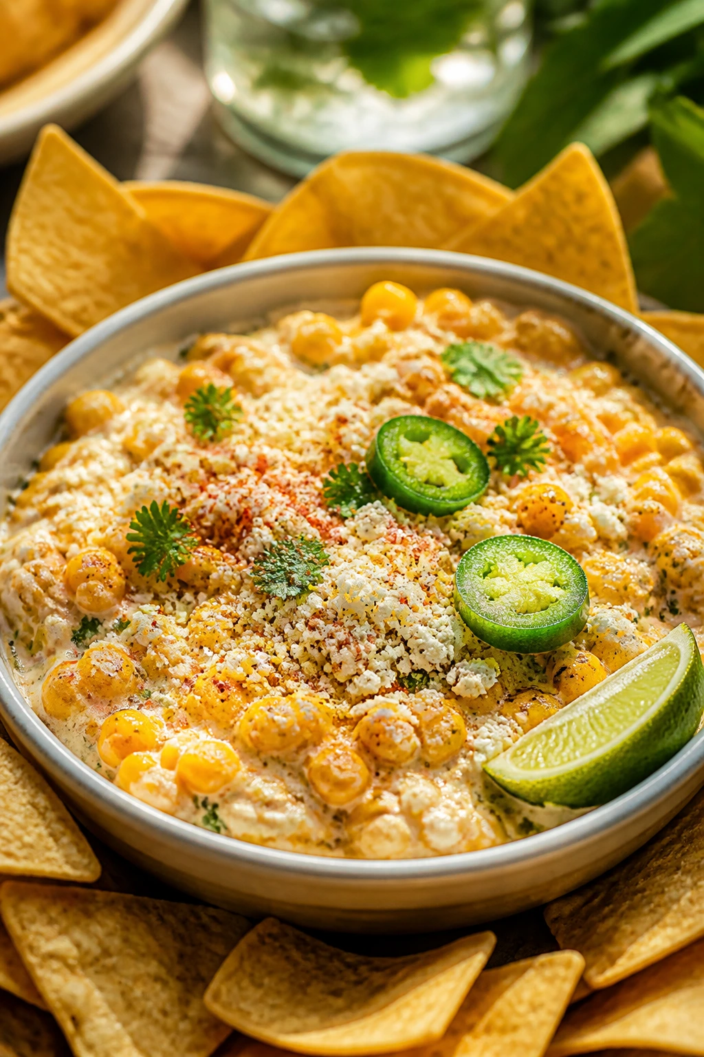 Street corn dip in a small serving dish with tortilla chips on a sunny patio table