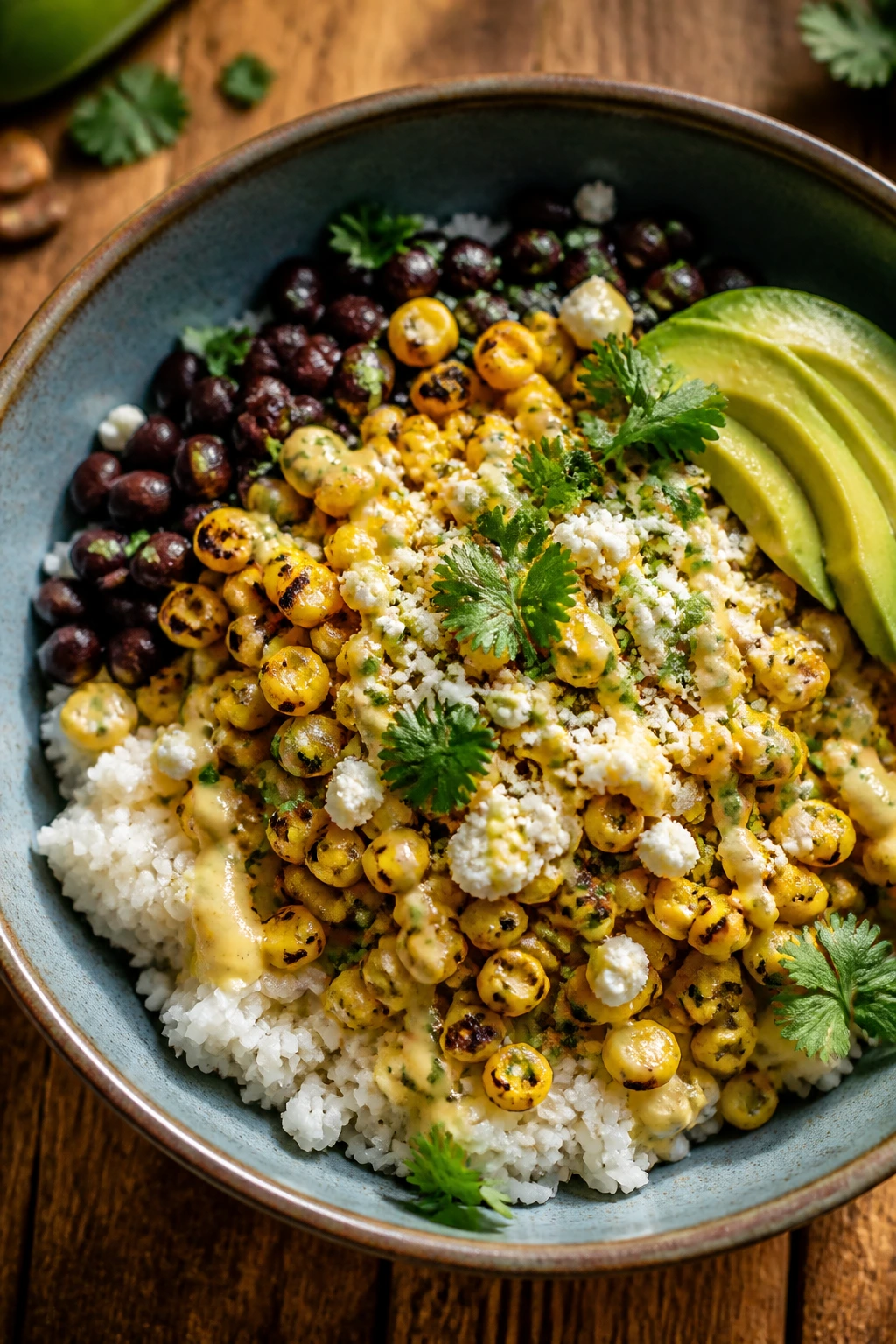 Close-up of Mexican Street Corn Rice Bowl with charred corn and cotija.