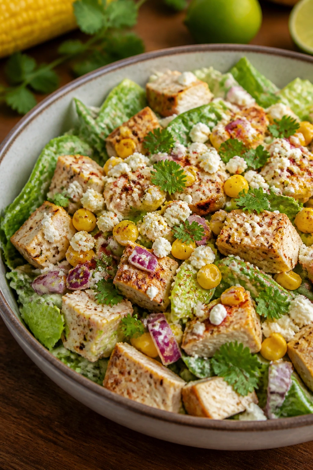 Close-up of Street Corn Chicken Salad with romaine, corn, onion, cotija