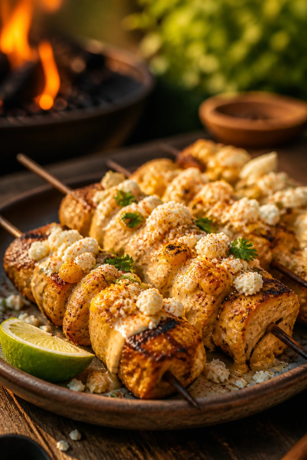 Close-up of chicken skewers with street corn topping on a rustic plate outdoors