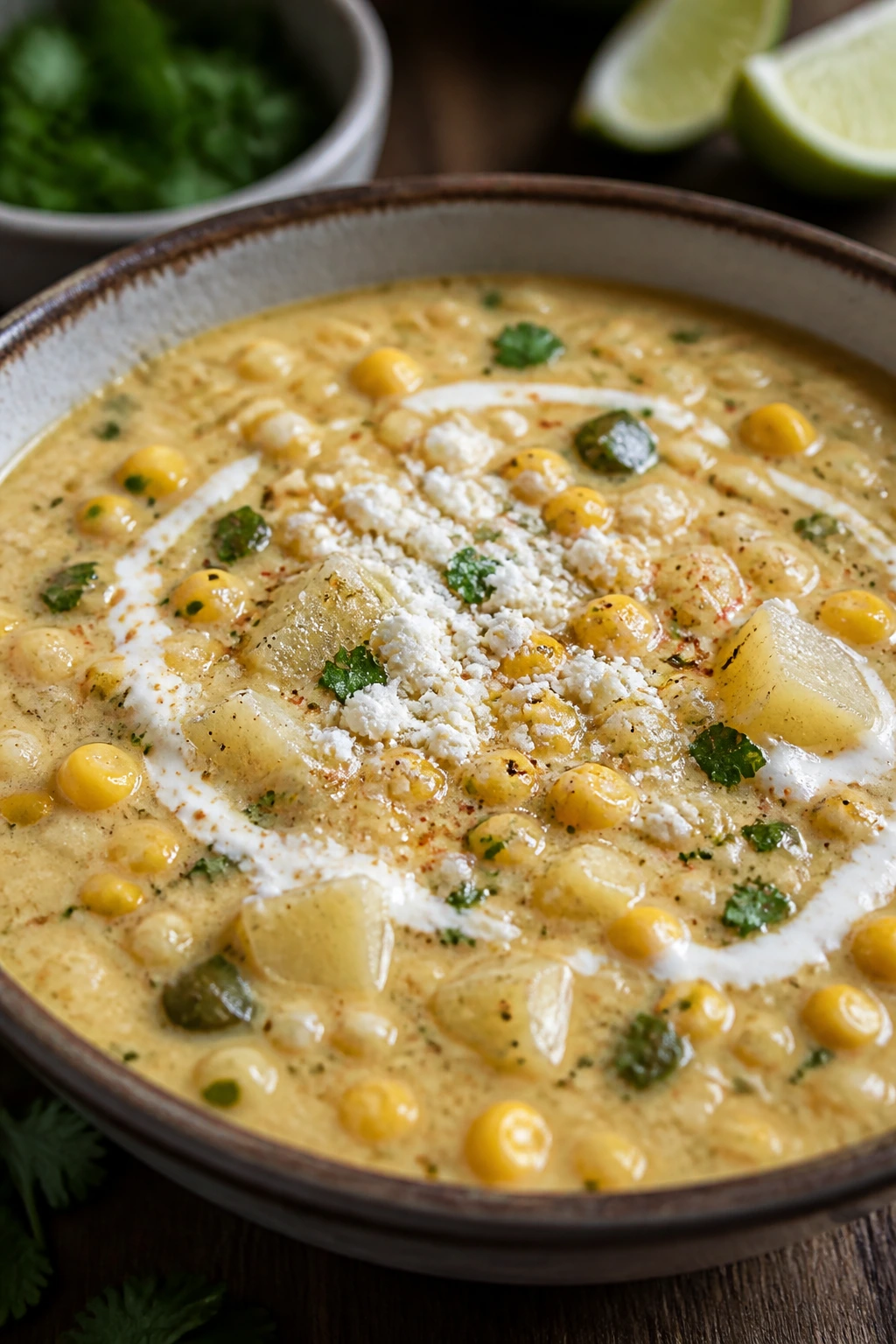 Close-up of Mexican Street Corn Soup with corn, potatoes, and cotija in a bowl