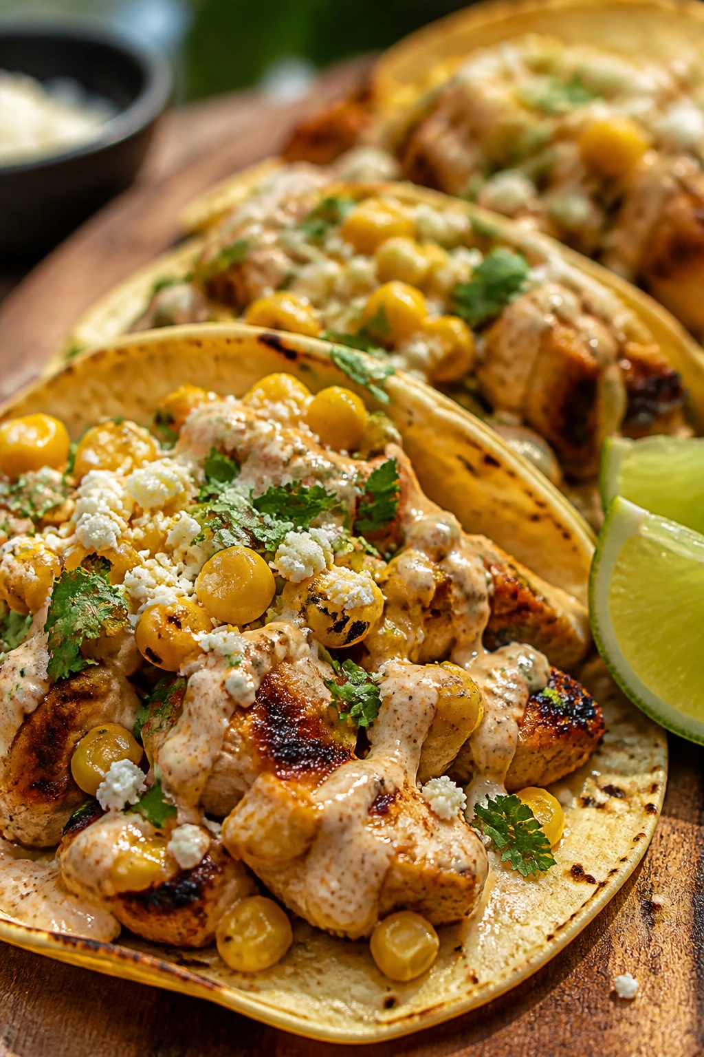 Close-up of street corn chicken tacos with cotija and lime on a rustic wooden table