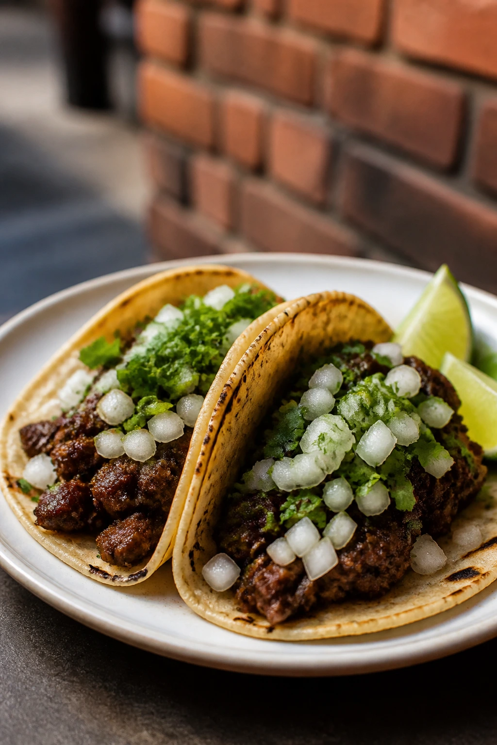 Close-up of street-style beef tacos with onion and cilantro