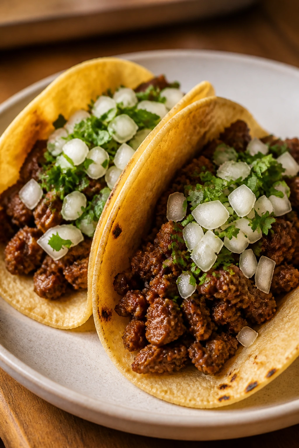 Close-up of street-style beef tacos with onion and cilantro on corn tortillas