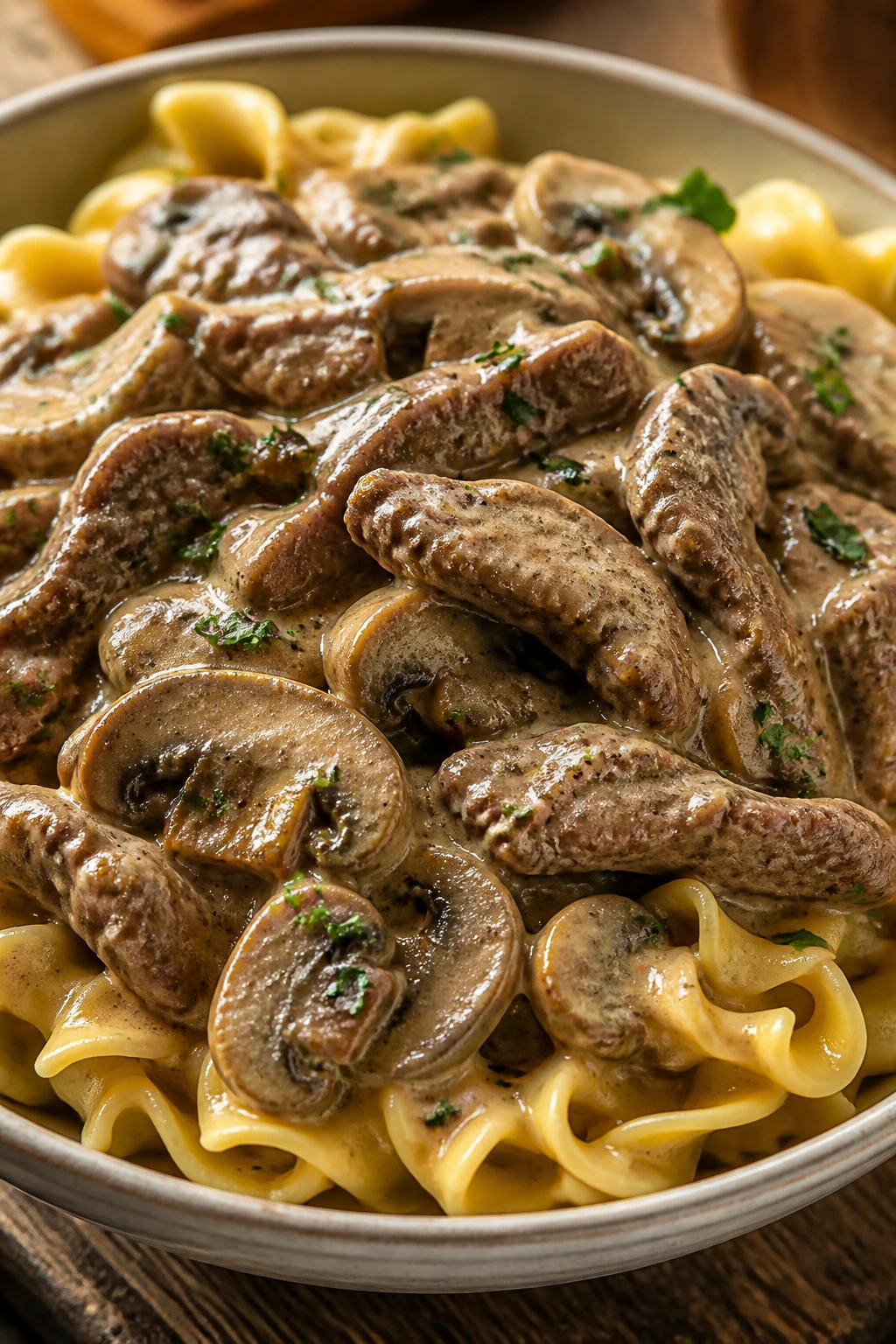 Close-up of creamy mushroom beef stroganoff over noodles