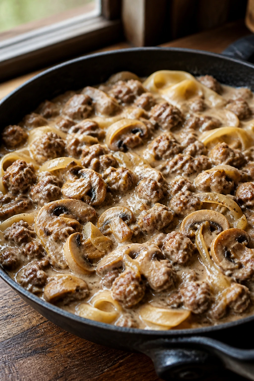 Close-up of beef-sausage stroganoff in a skillet with mushrooms and onions