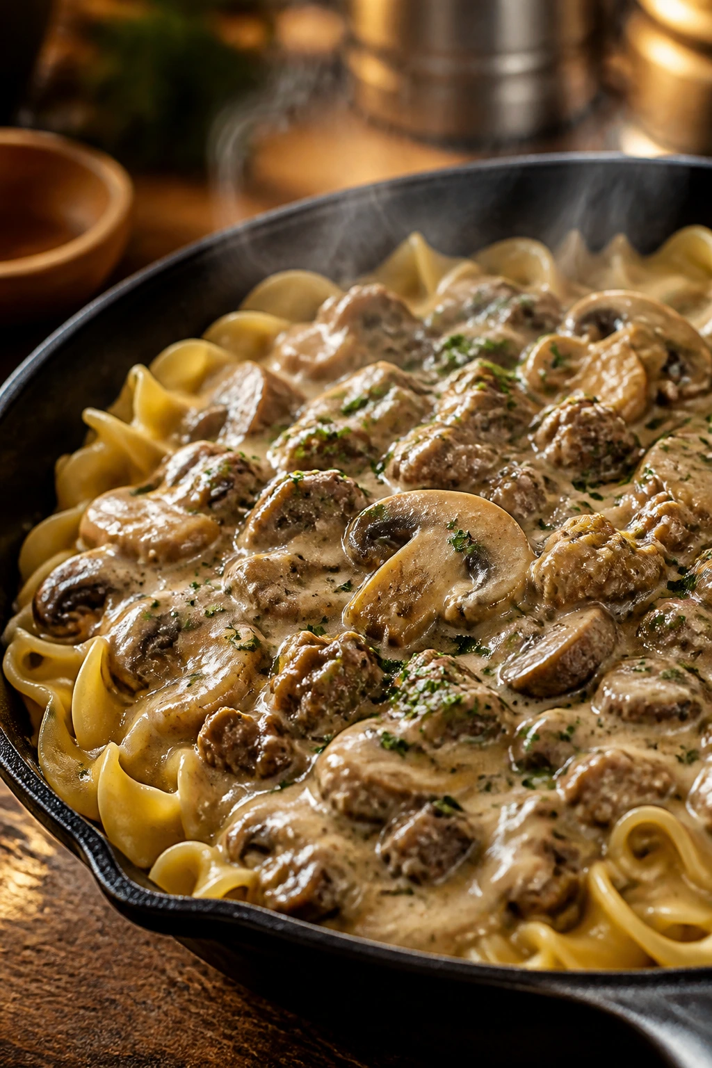Stroganoff-style beef skillet over egg noodles in a rustic kitchen