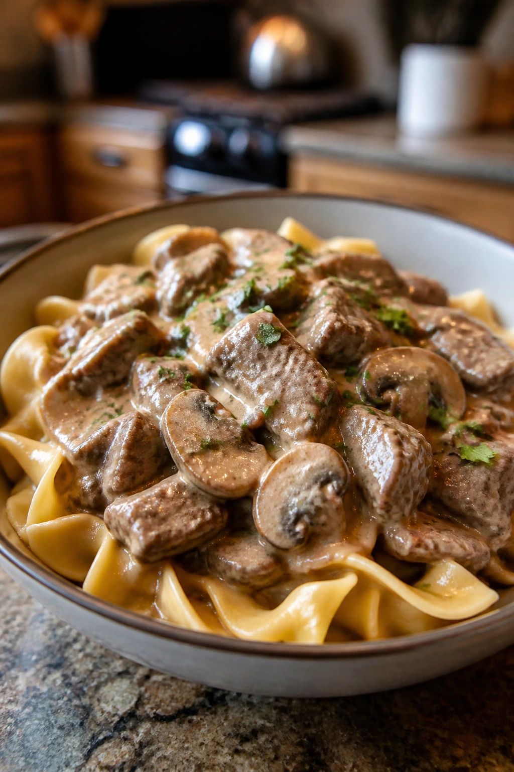 Beef stroganoff with egg noodles in a bowl