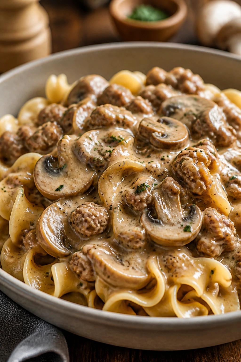 Creamy sausage and mushroom stroganoff over egg noodles in a bowl