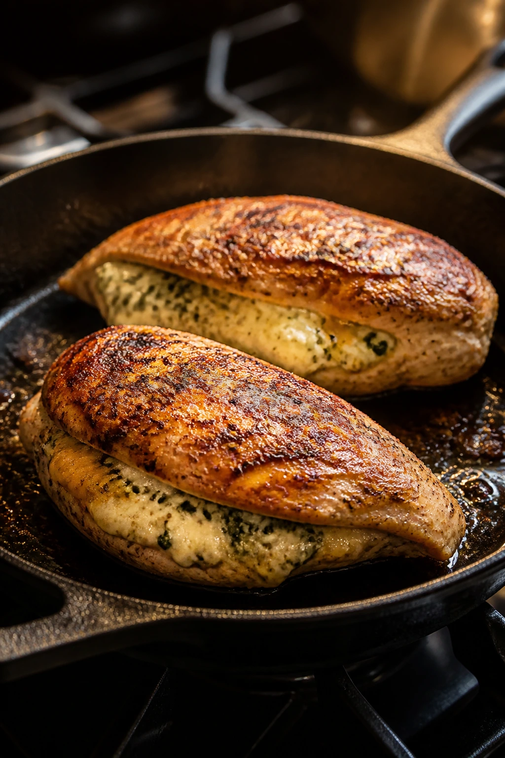 Stuffed chicken breast searing in cast-iron skillet showing filling