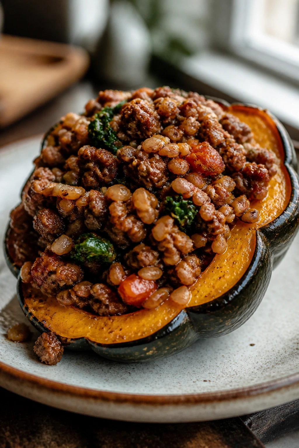 Close-up of stuffed acorn squash with beef and farro on a rustic plate