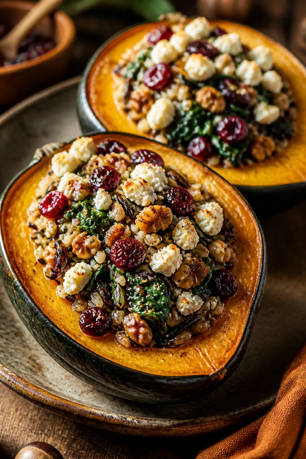 Stuffed acorn squash halves with grains and goat cheese