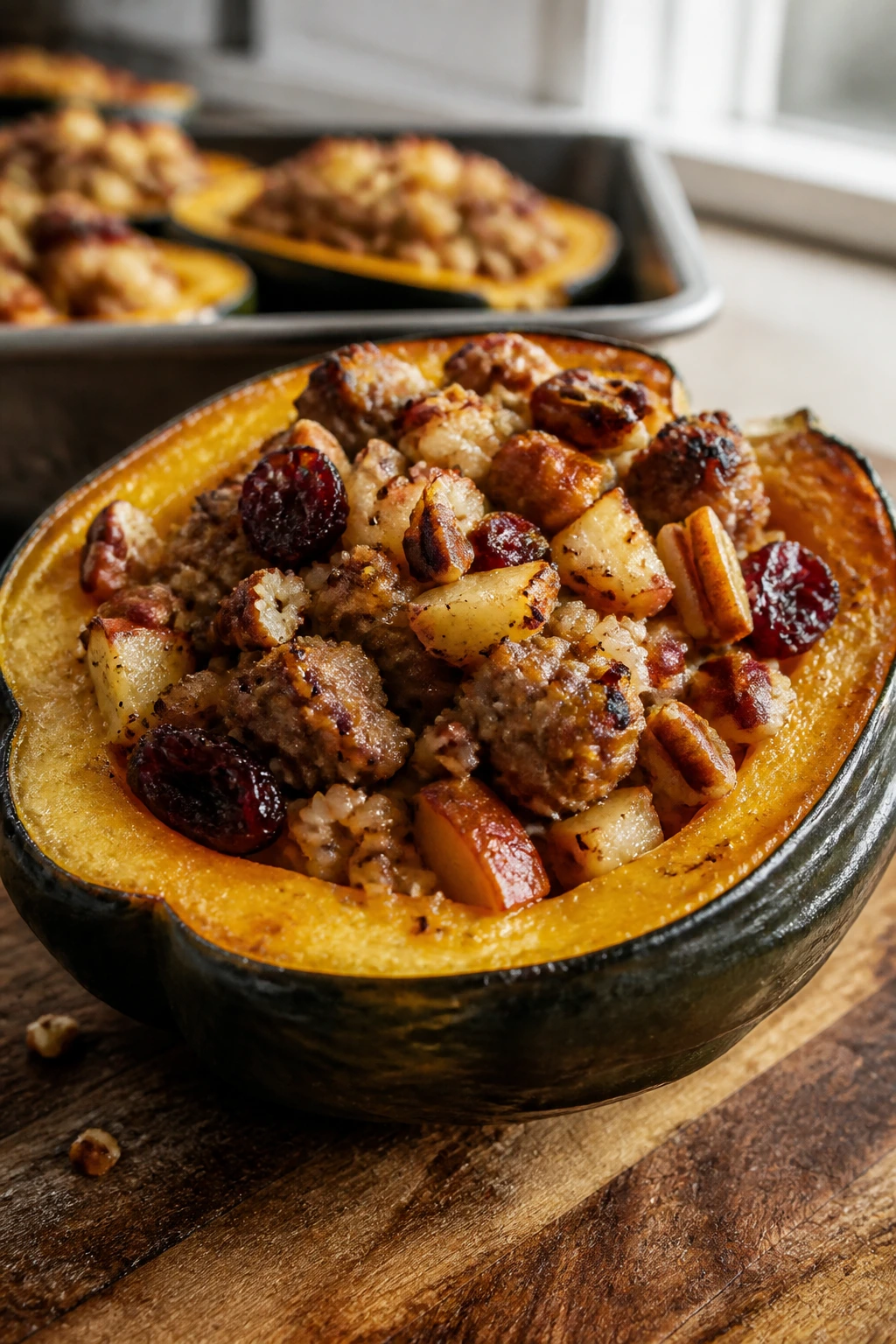 Close-up of stuffed acorn squash with sausage filling on a rustic board