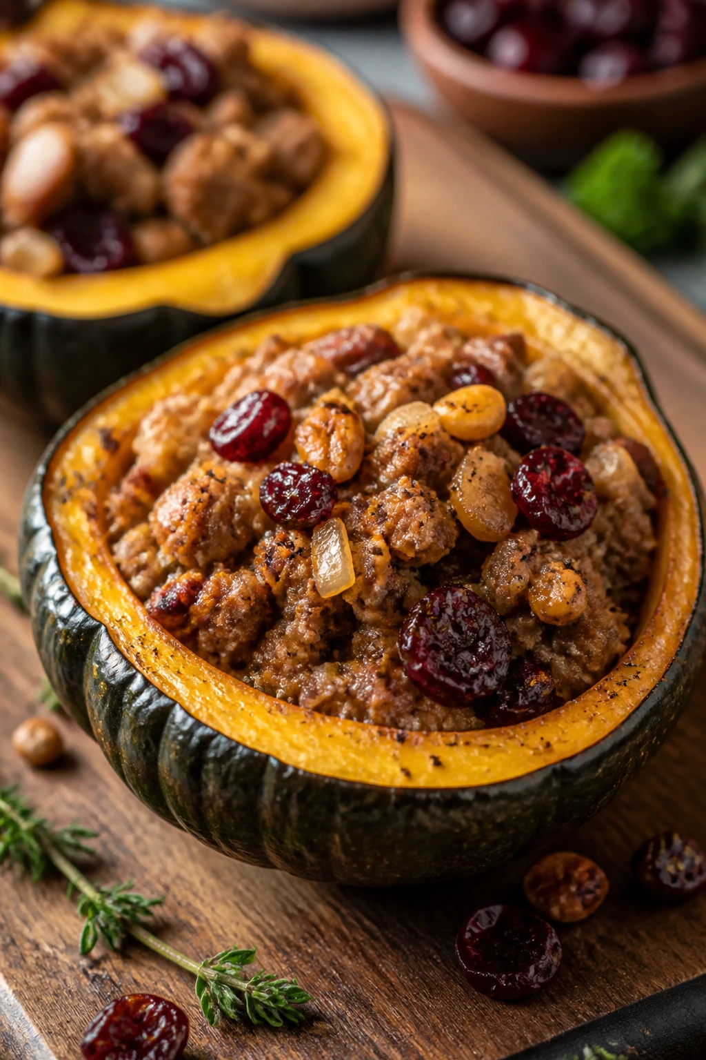 Halved acorn squash stuffed with sausage and cranberries on a rustic board