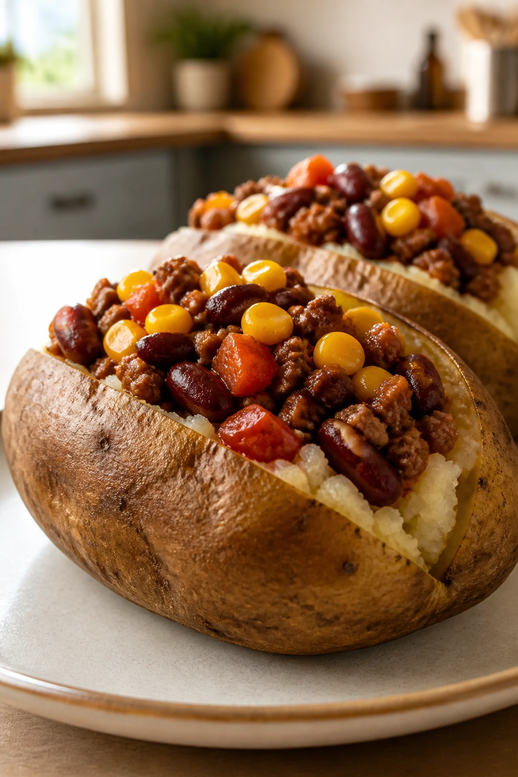 Baked potato stuffed with beef and bean filling on plate.