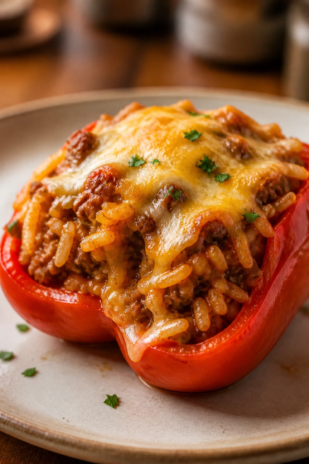 Close-up of a stuffed bell pepper on a plate