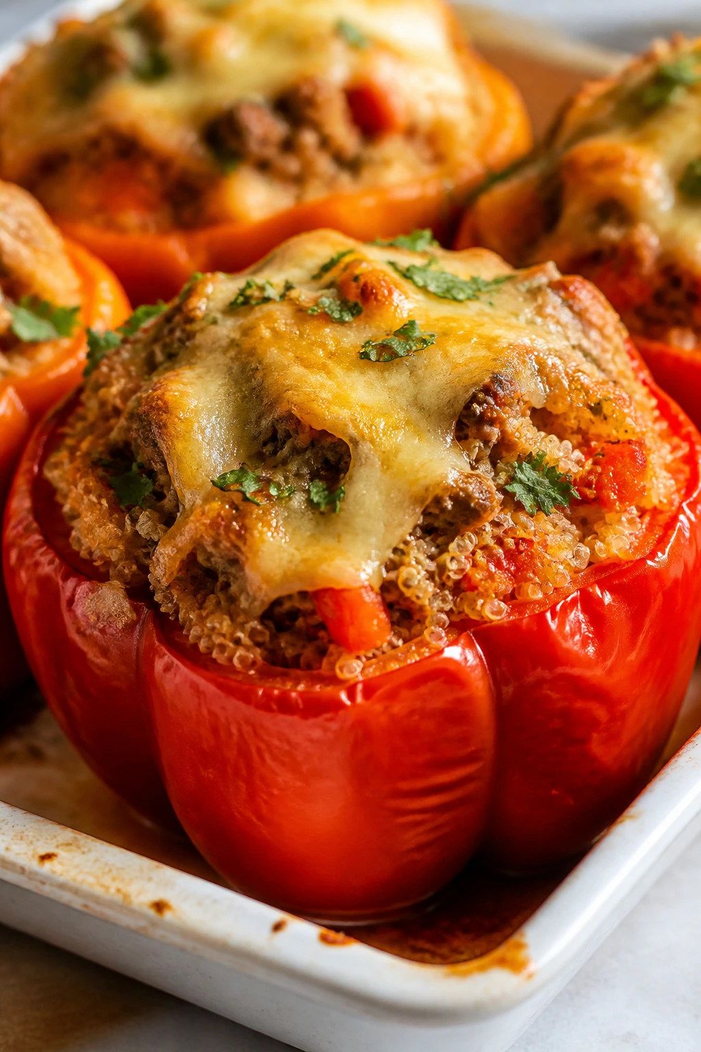 Close-up of stuffed bell pepper with quinoa turkey filling and melted cheese