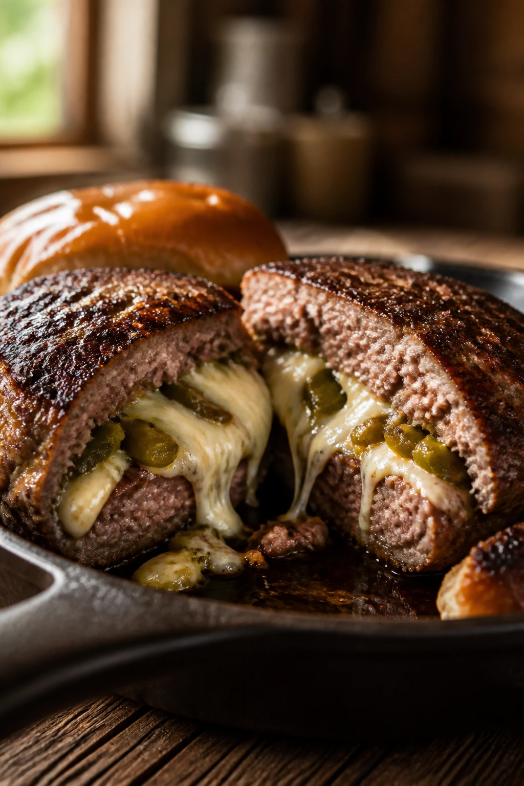 Close-up of stuffed green chile burger cut open showing molten cheese and chiles on a cast-iron skillet