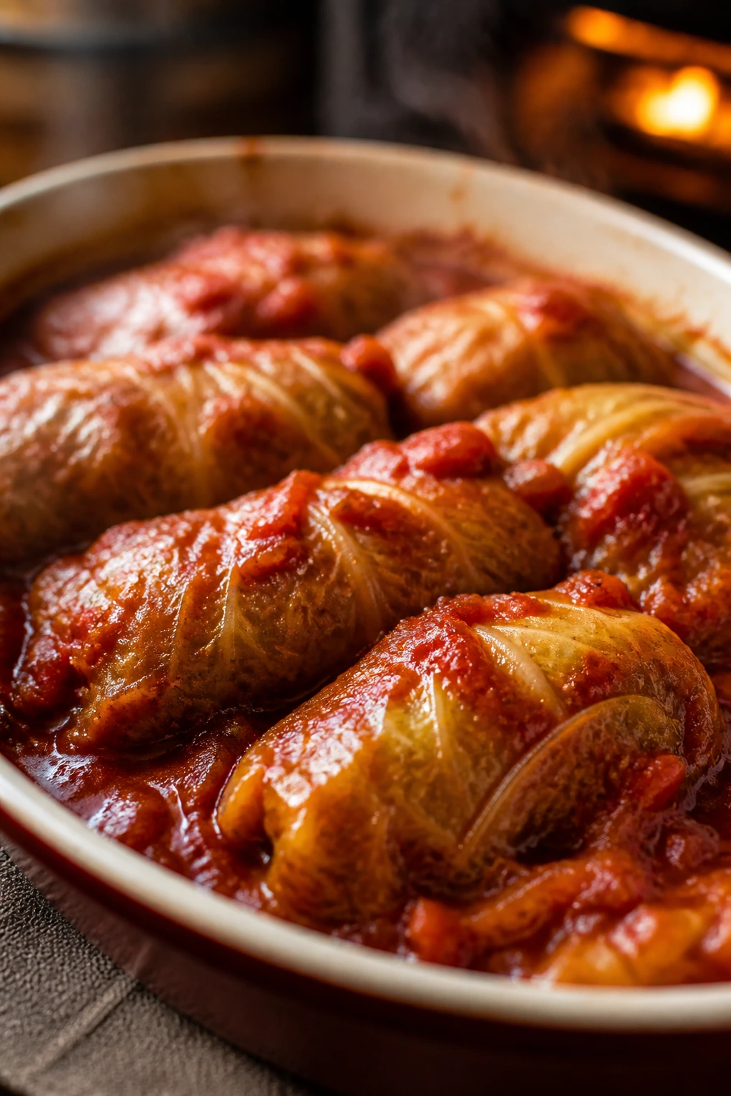 Stuffed cabbage rolls in tomato sauce on a warm plate
