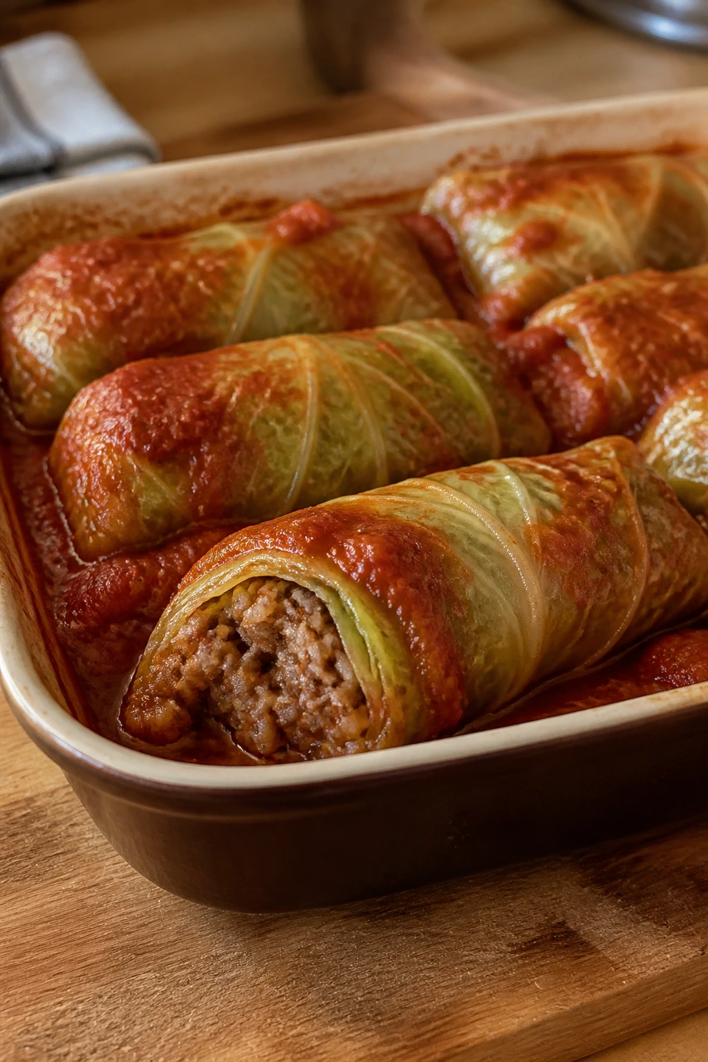 Close-up of stuffed cabbage rolls in tomato sauce.