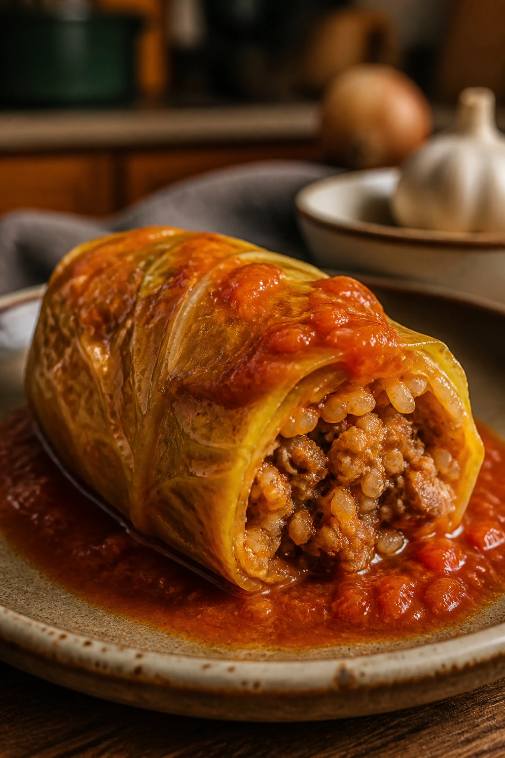 Close-up of stuffed cabbage roll with sausage and rice in sauce