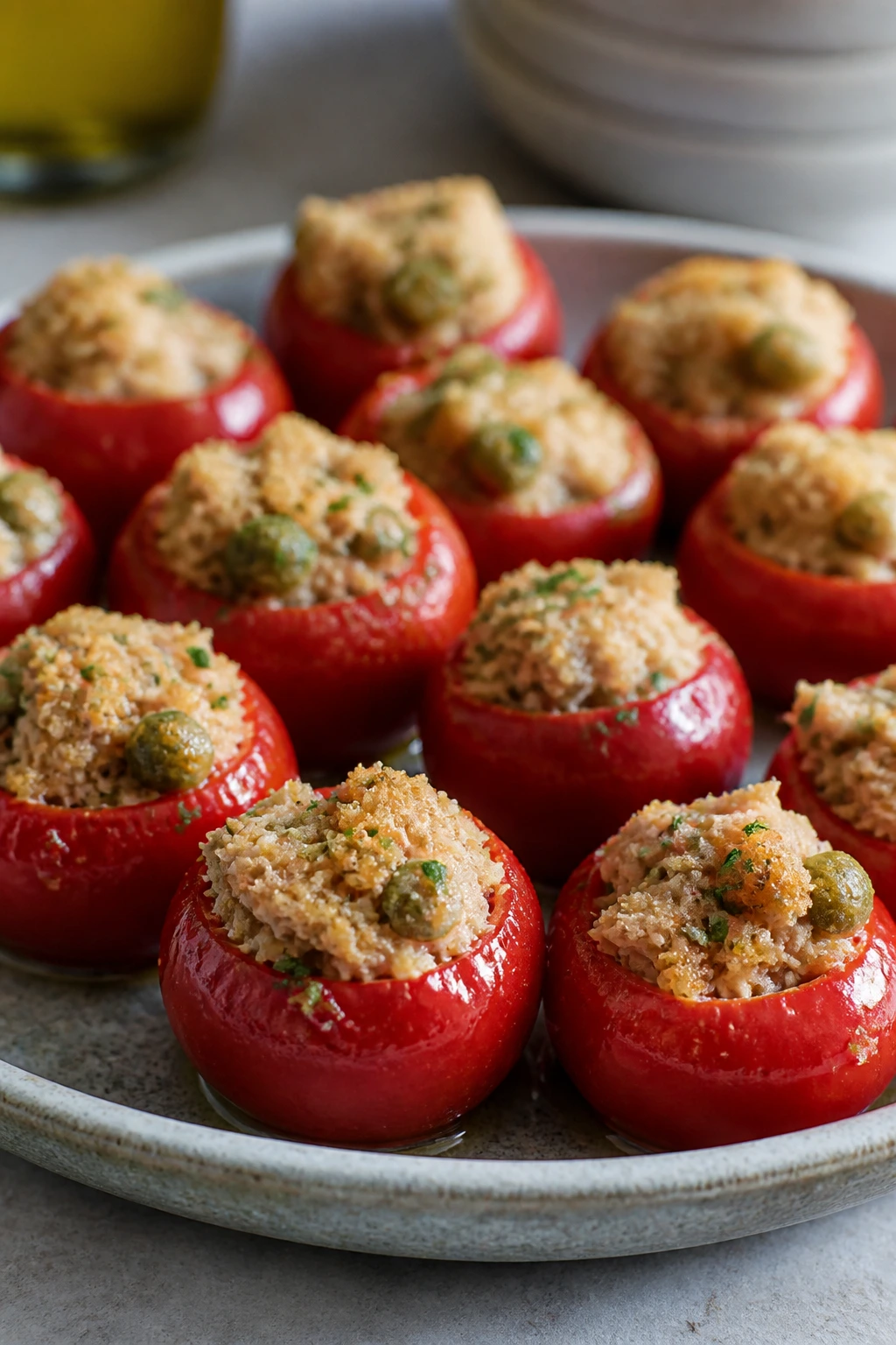 Close-up of stuffed cherry peppers with tuna on a plate