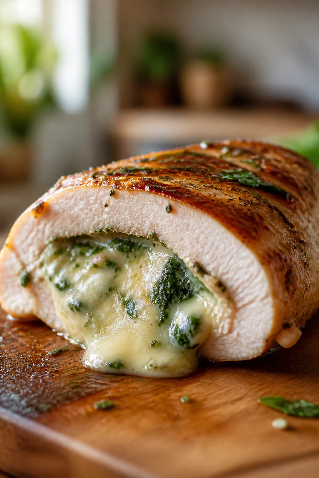 Close-up cross-section of creamy cheese stuffed chicken breast on a wooden board