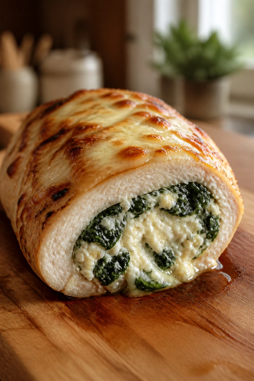Medium-close view of stuffed chicken breast with cottage cheese and spinach filling