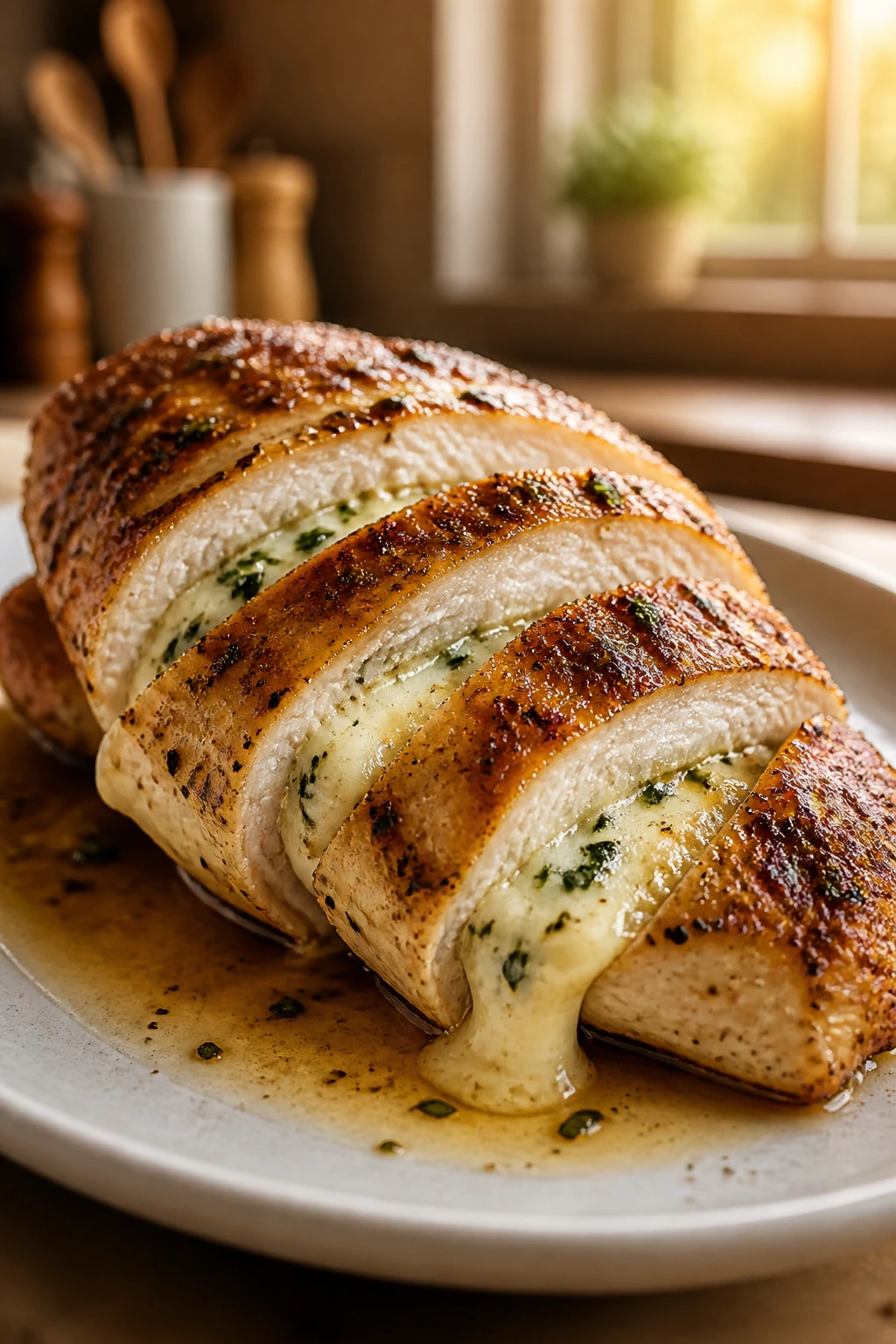 Close-up of sliced creamy cheese stuffed chicken breast with cheese filling and pan juices