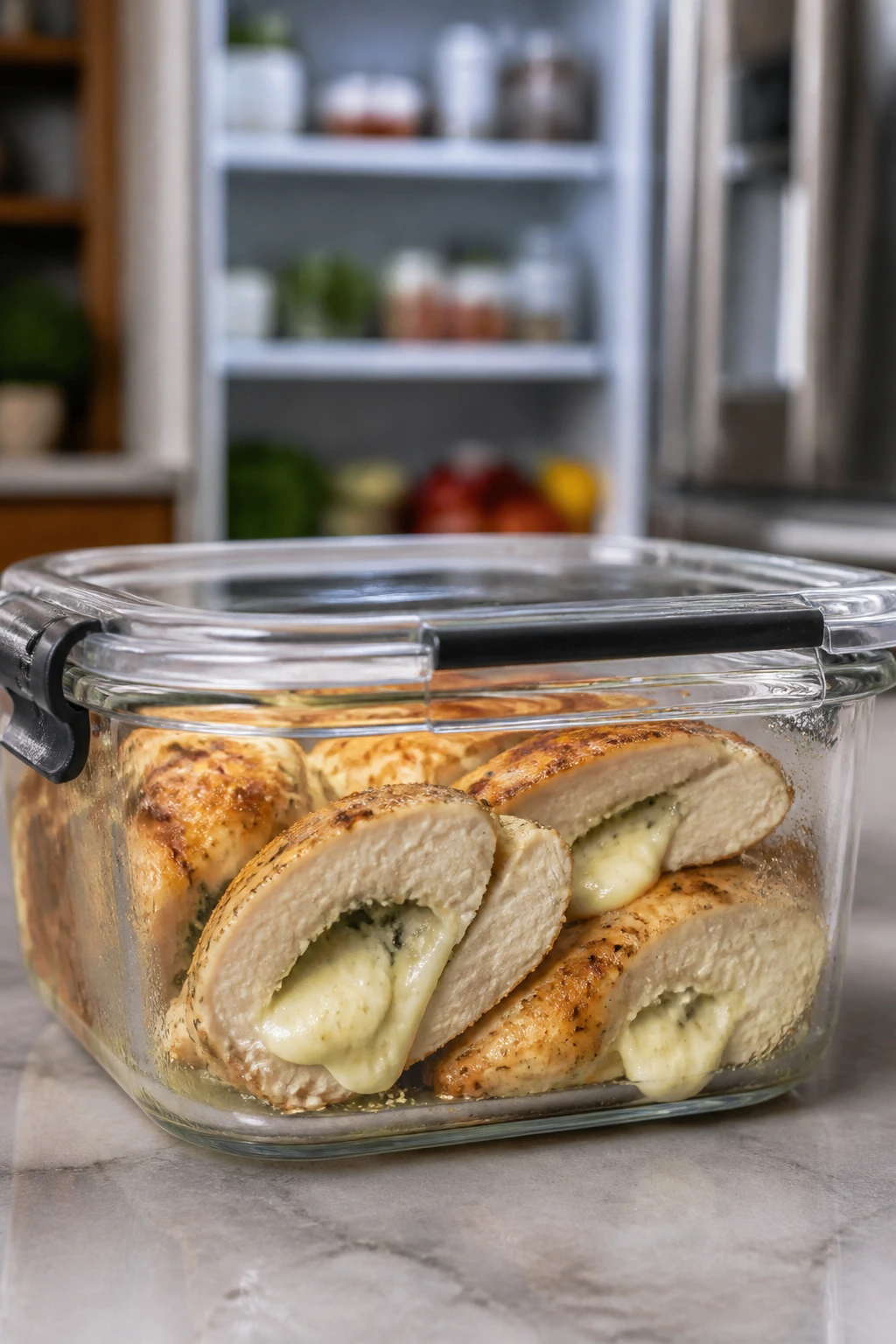 Close-up of a glass storage container with stuffed chicken slices in a kitchen