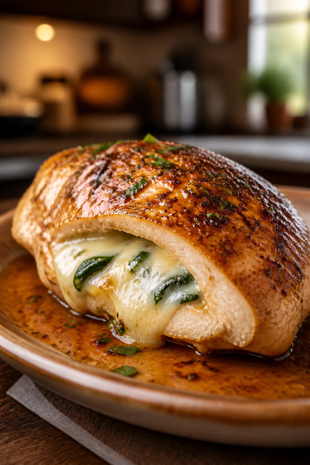 Plated cheese-stuffed chicken with pan sauce on a warm plate