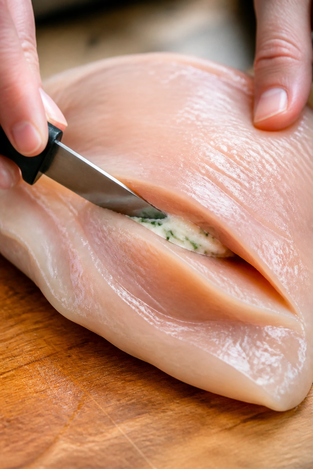 Close-up of chicken breast pocket being cut for stuffing in a home kitchen
