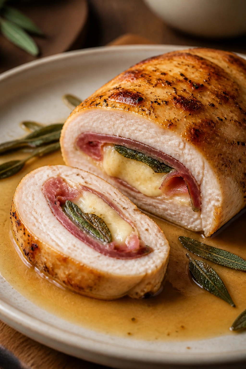 Cross-section of stuffed chicken breast with prosciutto and fontina.
