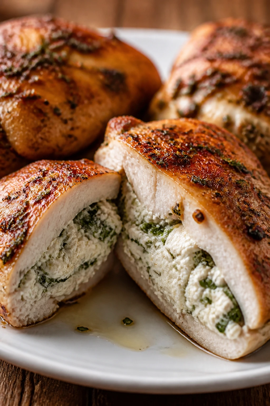 Cross-section of Ricotta and Herb Stuffed Chicken Breasts showing creamy filling.
