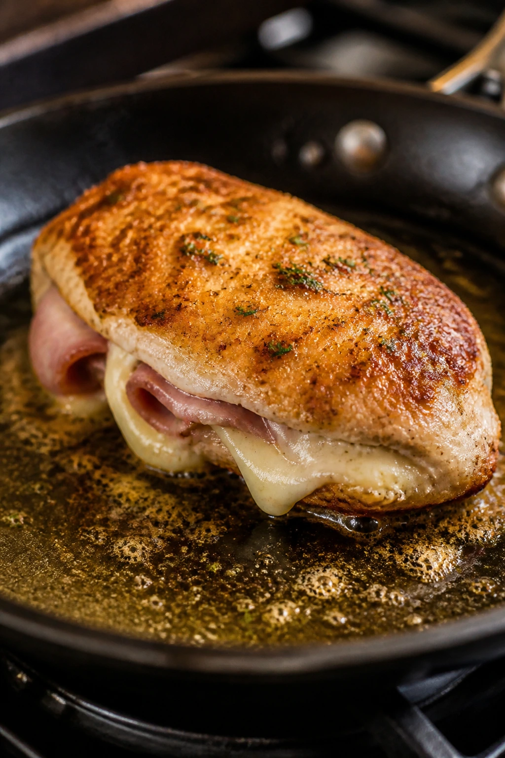Stuffed chicken breast searing in a skillet with melted cheese