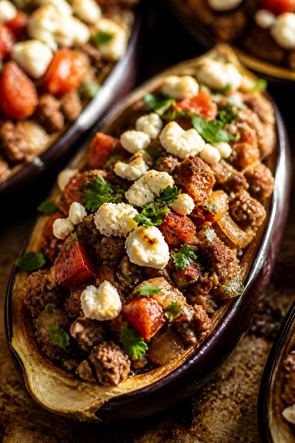 Close-up of stuffed eggplant with beef, feta and parsley