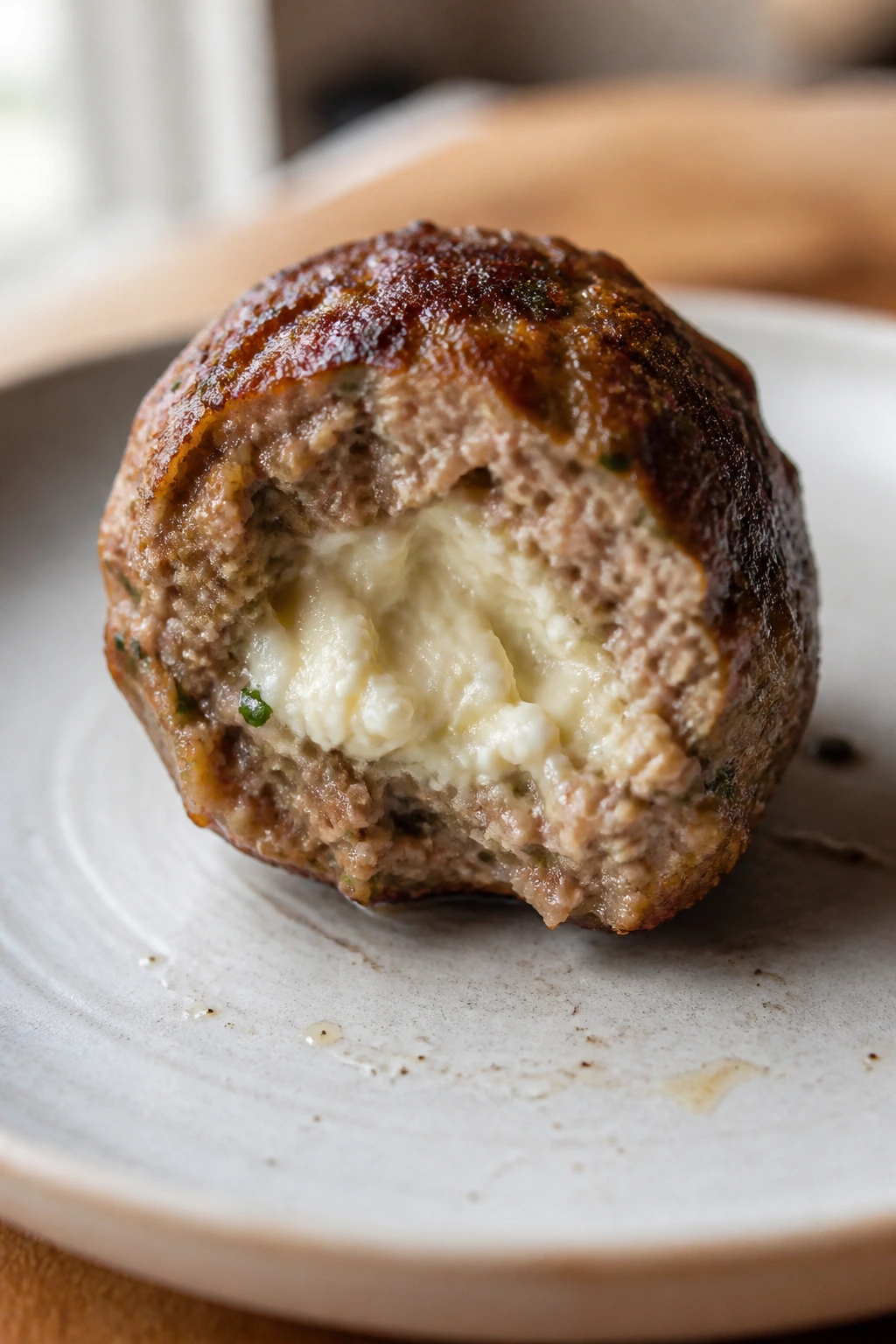 Cross-section stuffed feta meatball showing feta center