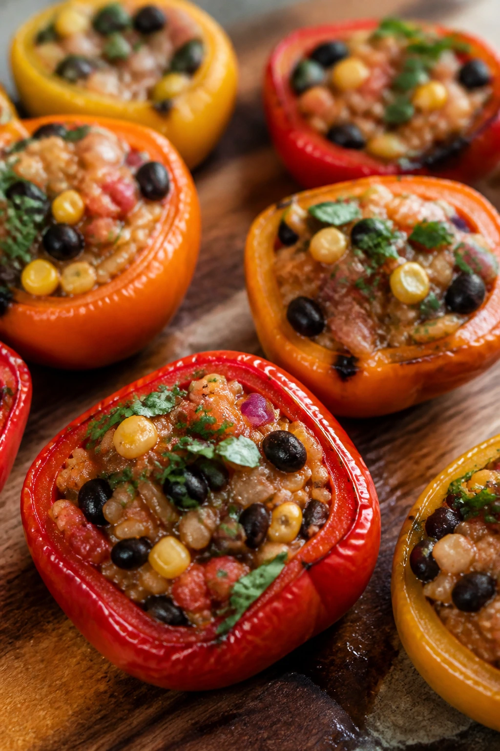 Mini bell peppers stuffed with bean and rice filling.