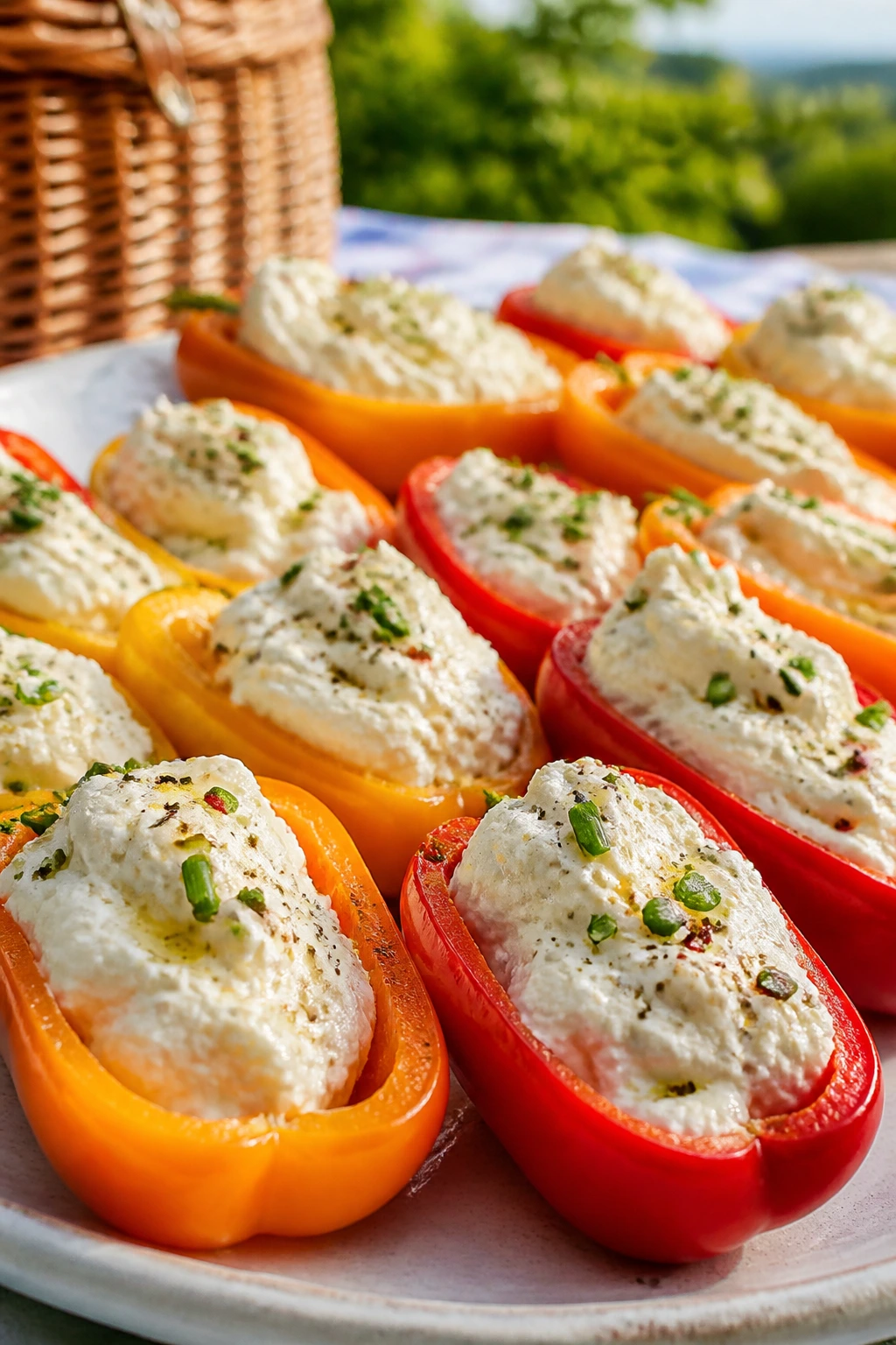 Close-up of stuffed mini peppers filled with whipped ricotta on a bright picnic surface