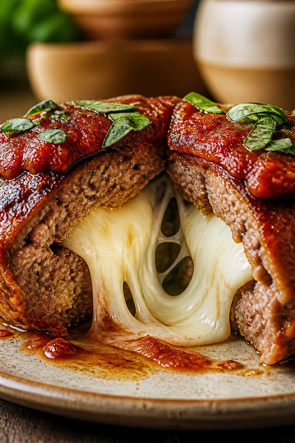 Cross-section stuffed mozzarella burger with cheese pull