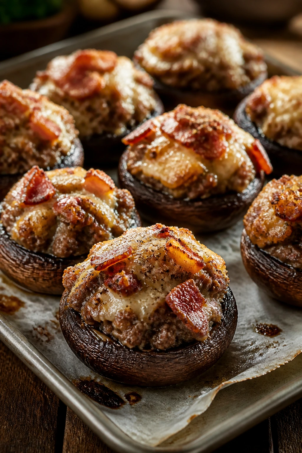 Close-up of bacon-sausage stuffed mushrooms on parchment-lined sheet