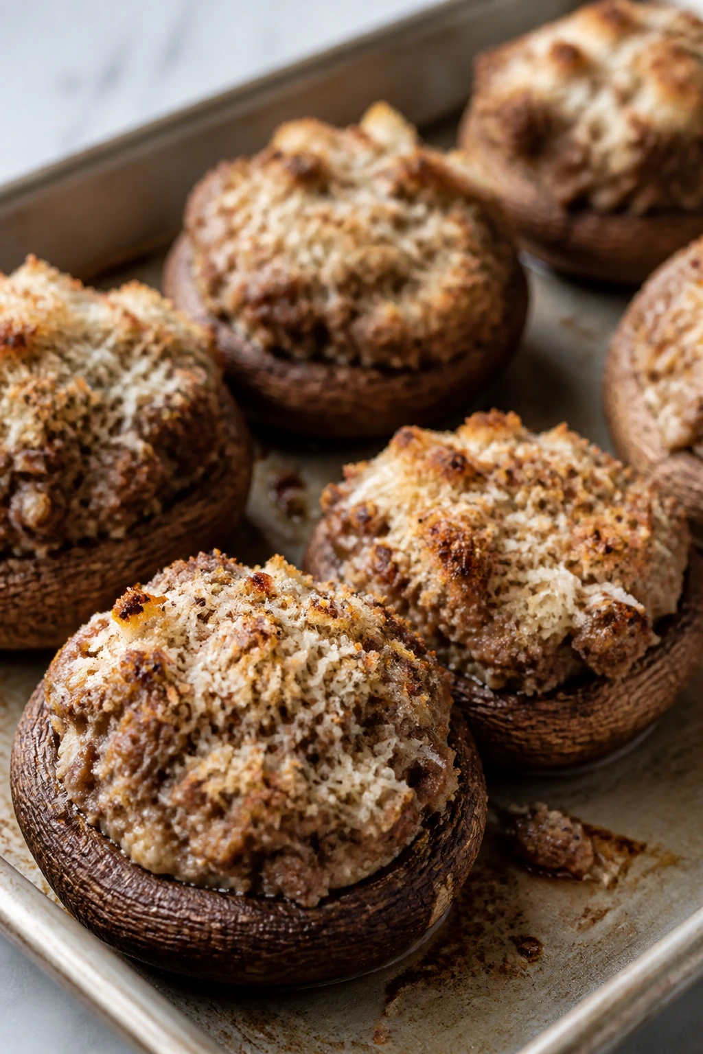 Stuffed mushrooms with beef-sausage filling on a baking sheet