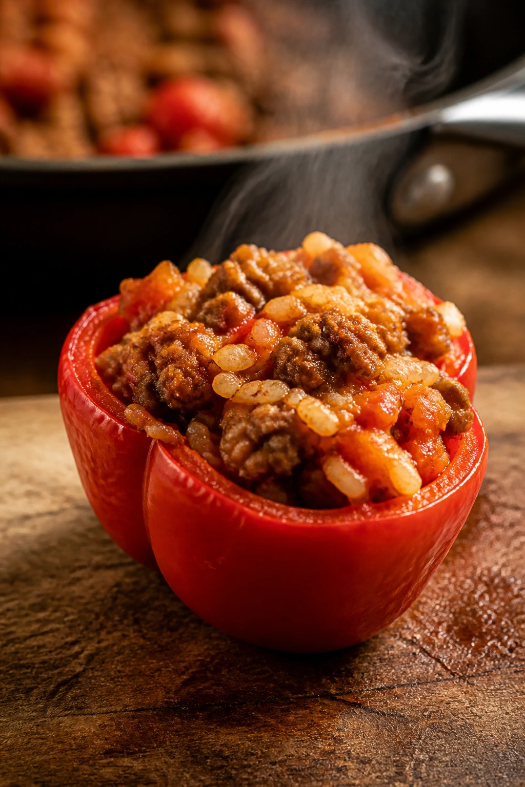 Close-up of stuffed red bell pepper filled with beef, sausage, and rice.