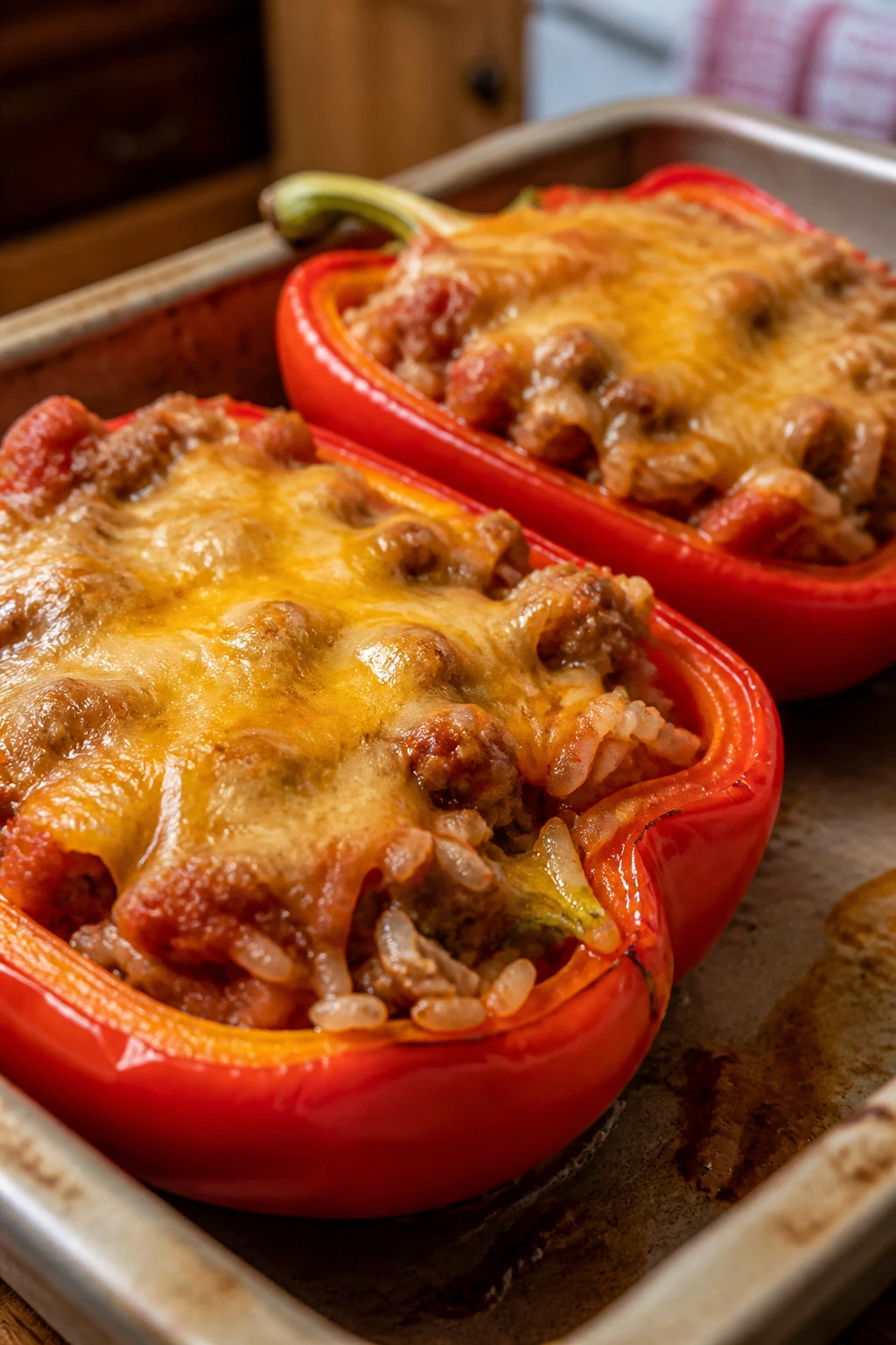 Stuffed pepper boats with turkey and rice on a baking dish