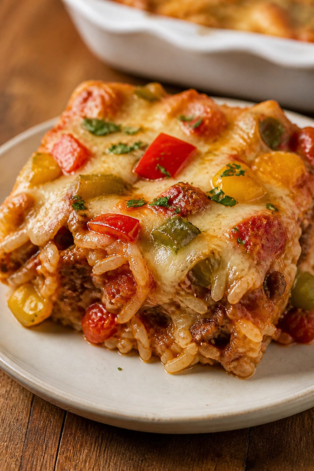 Close-up of stuffed pepper casserole slice on plate