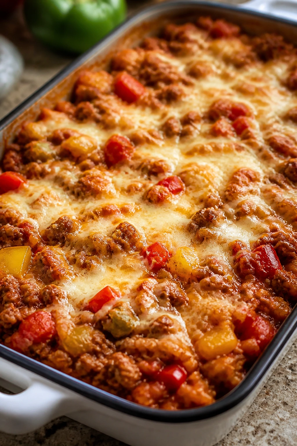 Casserole pan with stuffed pepper filling and melted cheese