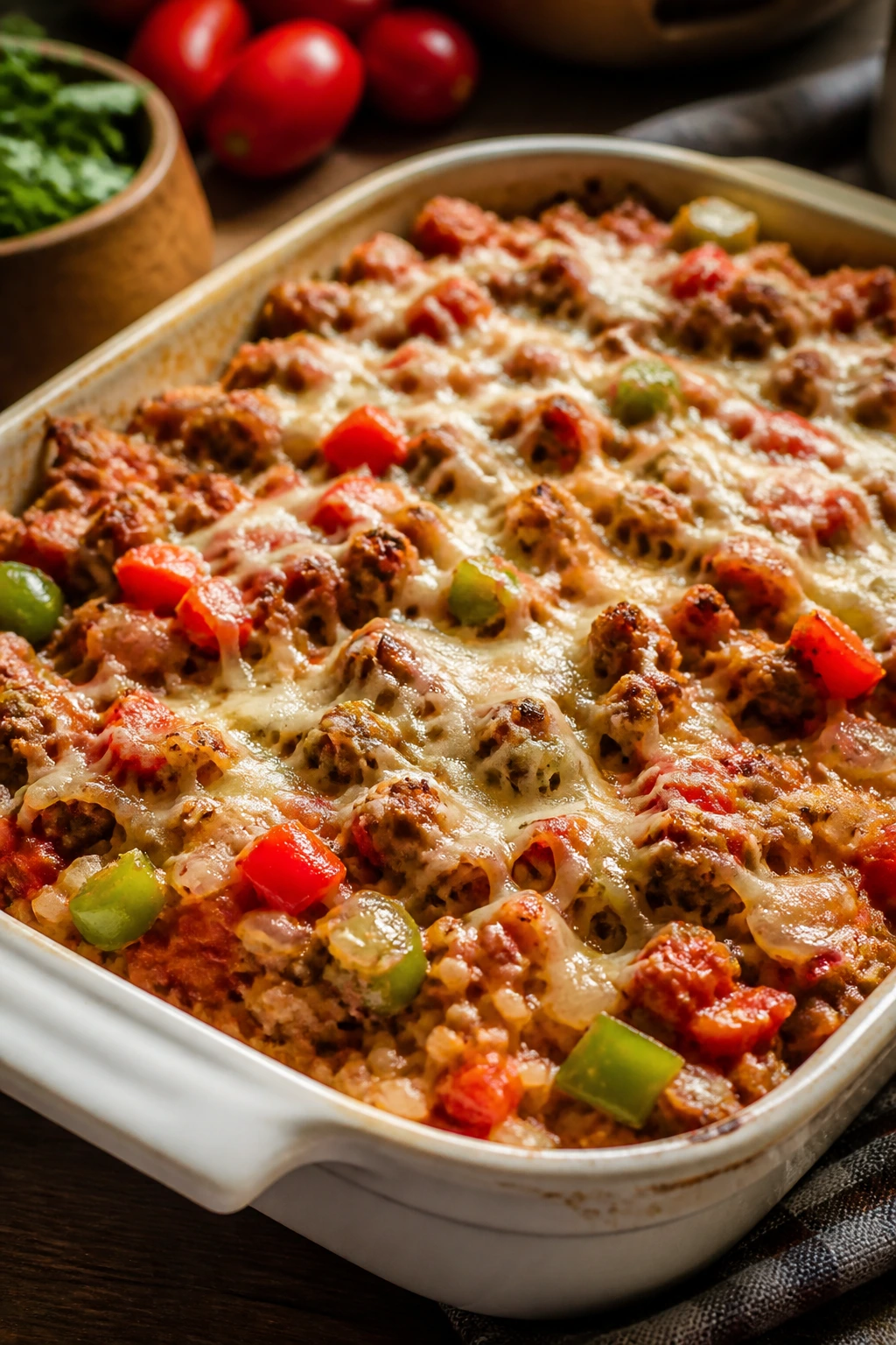 Stuffed pepper casserole in baking dish with peppers and rice