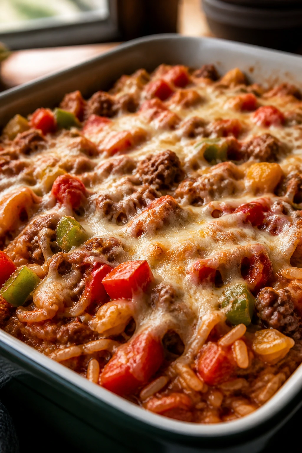 Close-up of stuffed pepper casserole with peppers, beef, and cheese