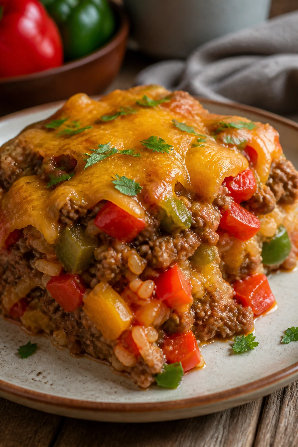 Close-up slice of stuffed bell pepper casserole on a plate